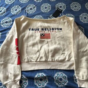 True Religion Off-White Cropped Sweatshirt with Red Accents